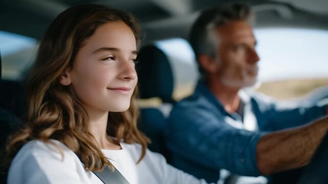 Close-up of faceless dad steering car while teenage daughter interacts with him, interior softly lit, defocused background through windows, family travel, quality time and road tri