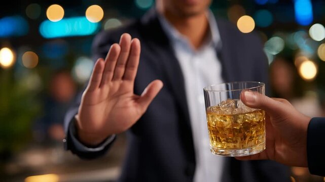 Close-up of faceless male hands rejecting alcoholic drink, symbolic of sobriety and lifestyle choice, friend&rsquo;s hand offering glass, soft defocused party environment