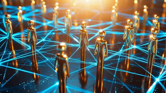 Golden figures interconnected by glowing lines