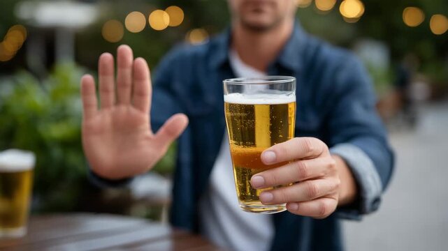 Close-up of faceless man saying no to alcohol, hands open in refusal, friend offering drink, healthy choice concept, lifestyle responsibility, soft defocused background