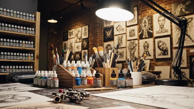 An artist's workspace with creative tools and inspirational artwork surrounding a drafting table under bright studio lighting