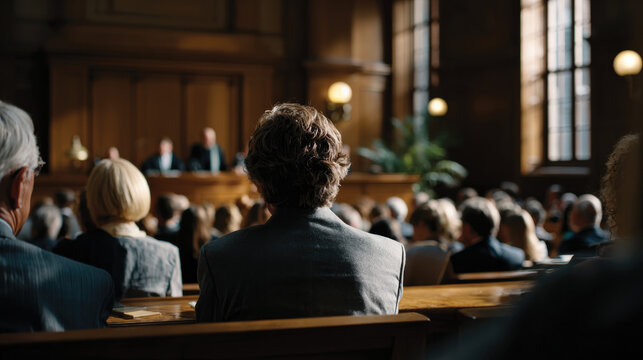 An audience member's perspective of a courtroom session, emphasizing the involvement of lawyers as they present their arguments before the judge.