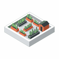 Fototapeta premium Isometric Raised Garden Bed With Shed and Plants.