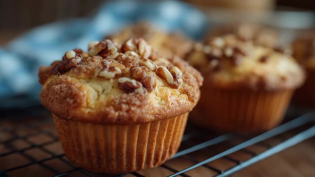 Close-up of fresh muffins cooling on wire rack, topped with chopped walnuts and crumbly streusel, rustic warm kitchen setting, morning breakfast pastry vibe