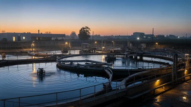 Twilight view of effluent treatment tanks with soft lighting highlighting reflective water surfaces and ongoing filtration during evening hours.