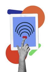 Composite trend artwork sketch image collage of wifi internet connection wireless browsing hand...