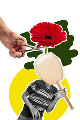 Naklejka premium Composite sketch image design trend artwork collage of spring season hand hold scissors cut flower bouquet young lady cover head mirror