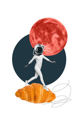 Vertical collage young woman astronaut moon planet french bun croissant nutrition cafe menu order...