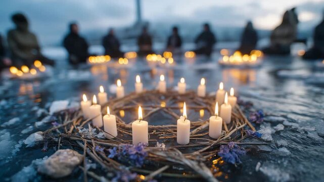 Close-up of ritual circle with candles on frozen lake, mystical winter atmosphere, faceless participants engaged in solstice ceremony, serene reflection and spiritual renewal, soft