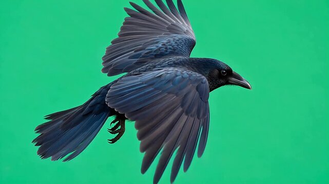 Flying black crow with spread wings