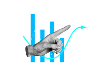 Obraz premium Creative photo poster trend art collage image of hand point chart development graph statistics promotion career growth success