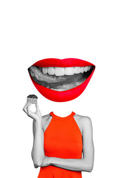 Vertical photo collage of happy headless girl instead face mouth lick tongue cupcake sweet dessert hunger isolated on painted background