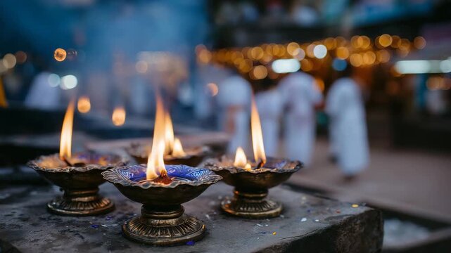 Close-up of sacred oil lamps with soft moonlight overlay, traditional shrine elements, faceless participants performing ritual, nighttime spiritual ceremony, calm and devotional am