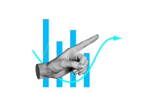 Creative photo poster trend art collage image of hand point chart development graph statistics promotion career growth success
