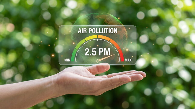 Air quality monitoring: hand holding digital gauge showing 2.5 pm pollution level against green nature background