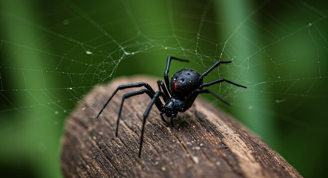 Black widow spider on web macro close up blurred green background