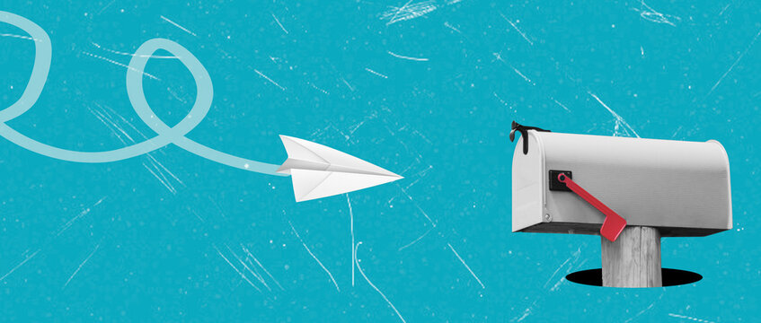 Art collage of a paper airplane flying towards a mailbox on a bright background