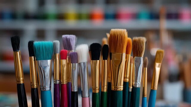 Close-up of synthetic and natural bristle paintbrushes in school and hobby supplies store, defocused background of colorful stationery, artistic lifestyle concept, shallow focus em