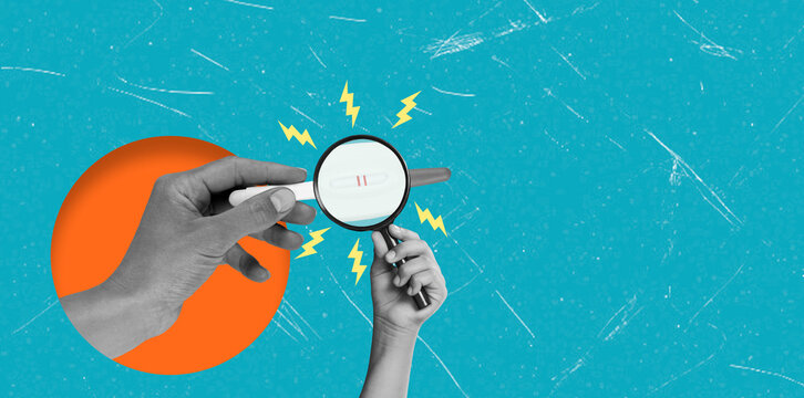 Artistic collage with hands holding a magnifying glass over a pregnancy test with two stripes on a blue background, symbolizing pregnancy.