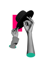 Fototapeta premium Creative trend collage of&nbsp;hands hold eye watching headwear hat mister supervision look&nbsp;weird freak bizarre unusual fantasy