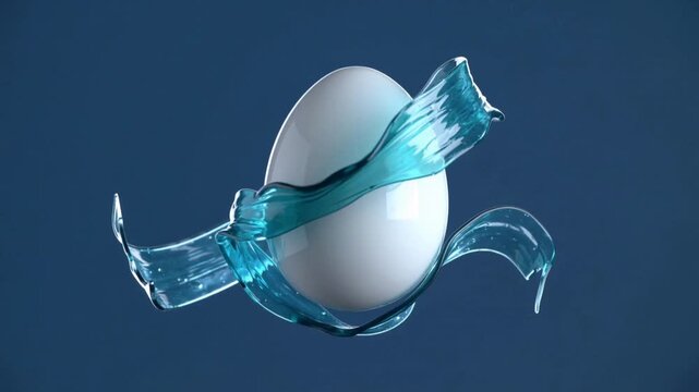 White Egg Wrapped in Flowing Teal Liquid Against Blue Background water