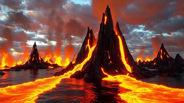 Volcanic landscape with flowing lava