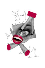 Fototapeta premium Vertical photo collage of happy mouth smile hands show cross stop gesture legs cutout body part surgery isolated on painted background