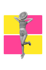 Naklejka premium Vertical photo collage of anonym girl instead head orange fruit detox diet half grapefruit nutrition isolated on painted background