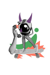 Fototapeta premium Vertical photo collage of anonym human instead body space helmet stand penny board hand hold receiver talk isolated on painted background