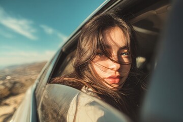 Fototapeta premium Young woman looking out car window, feeling wind in her brown hair during a road trip