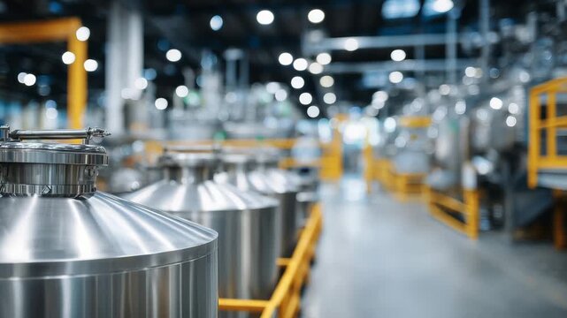 Defocused background view of stainless steel equipment at a modern dairy plant, industrial food processing machinery and automated production systems, clean manufacturing infrastru