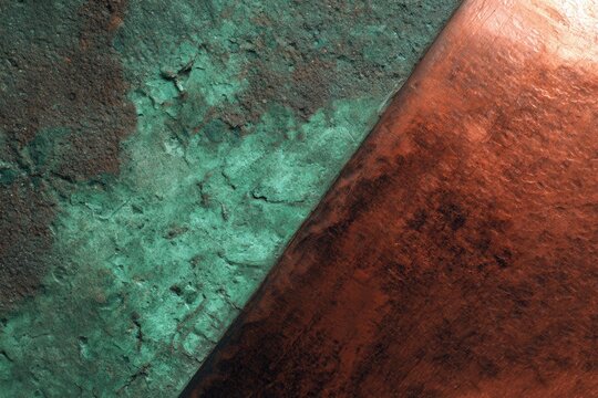 Copper surface oxidizing creating textured green and brown metal