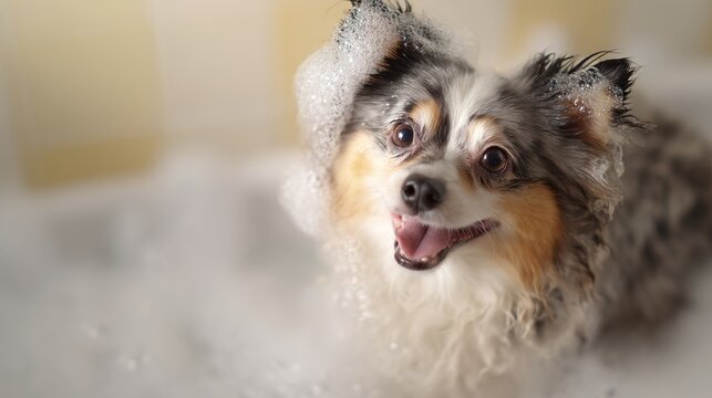 suds. Playful dog enjoying bath time surrounded by bubble foam in a cheerful bathroom scene. wildlife magazines, conservation campaigns, designed for wildlife conservation campaigns.