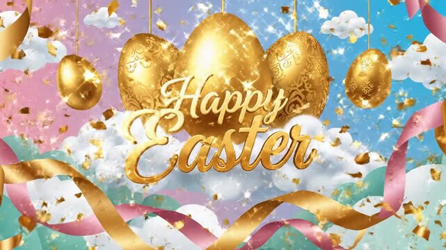 Golden Easter eggs and ribbons float amidst fluffy clouds against a pastel sky with Happy Easter text in a festive illustration
