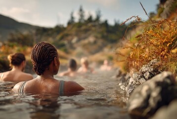Fototapeta premium Women enjoying a relaxing soak in a natural hot spring pool outdoors