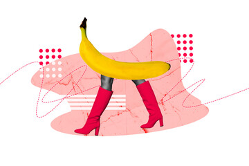 Fototapeta premium Composite sketch image design trend artwork collage of cuisine tasty meal restaurant banana fruit body legs walk step wear style boots