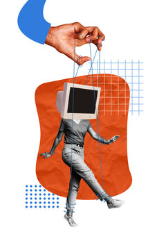 Composite trend artwork sketch image photo collage of caricature headless young lady puppet rope walk hand manipulate computer head work