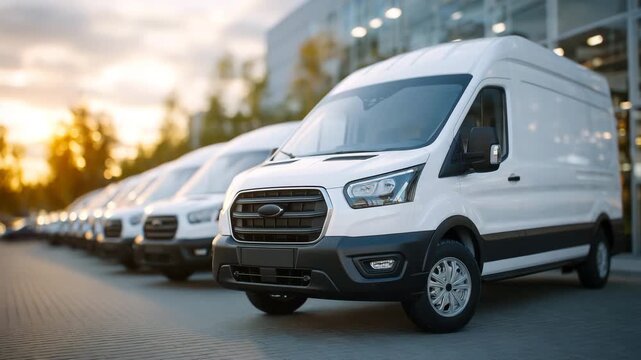 Diagonal view of pristine white vans parked in orderly line, soft golden sunlight creating warm highlights and shadows, professional fleet management and logistics concept