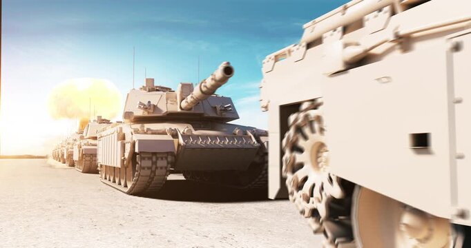 Powerful explosion impact next to a moving armored tank. World War Related 3D Animation.