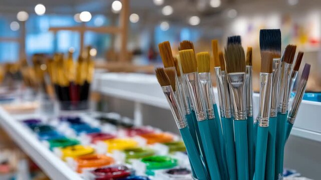 Display of paintbrushes in school art supplies section, close-up focus on synthetic and natural bristles, defocused shelves filled with colorful creative tools, cozy retail store l