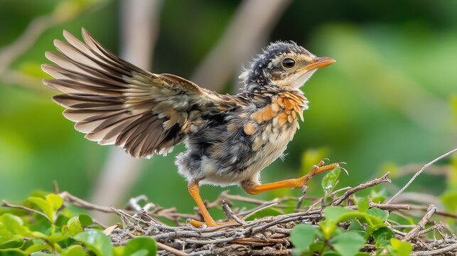 fledgling. A young bird's first flight attempt, wings flapping as it descends. wildlife magazines, conservation campaigns, designed for eco-tourism storytelling and wildlife conservation campaigns.