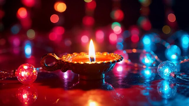 Lit oil lamp with colorful lights