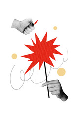 Obraz premium Vertical poster collage hands body fragments spark lighter ignite xmas bright bengal light party festive event carnival celebration