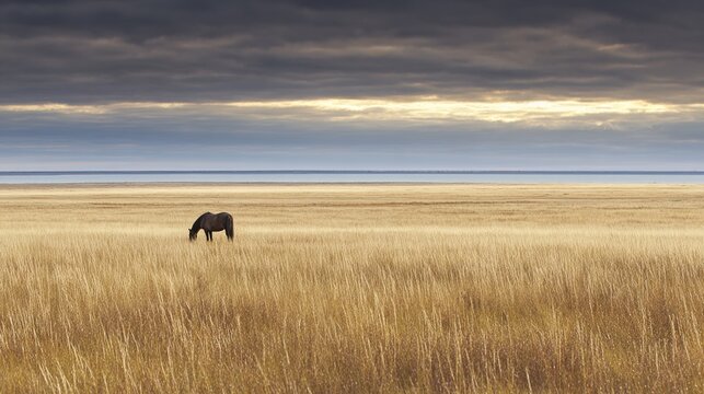 allusion. A lone horse grazing on the vast Pampas grassland under a dramatic sunset sky. inspiring travel planning, wildlife magazines, designed for wildlife conservation campaigns.