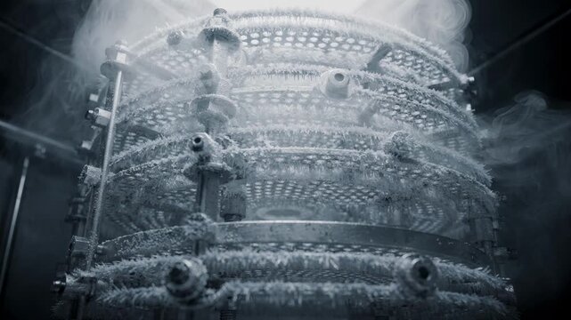 Medium shot of cryogenic distillation column interior showing detailed trays with frostcovered surfaces and rising cold vapor for a chilling industrial effect.