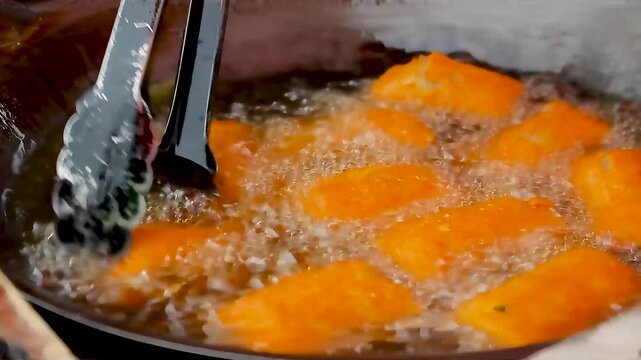 street food being fried in a pan and hot oil 