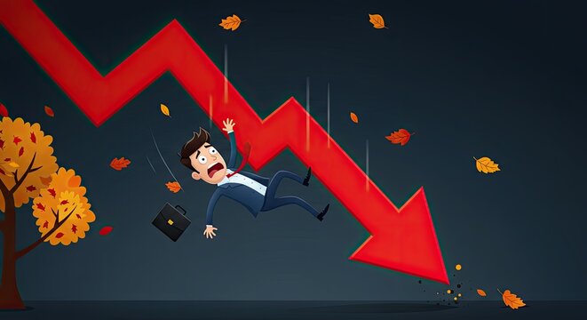 Businessman falling down with red arrow representing market decline