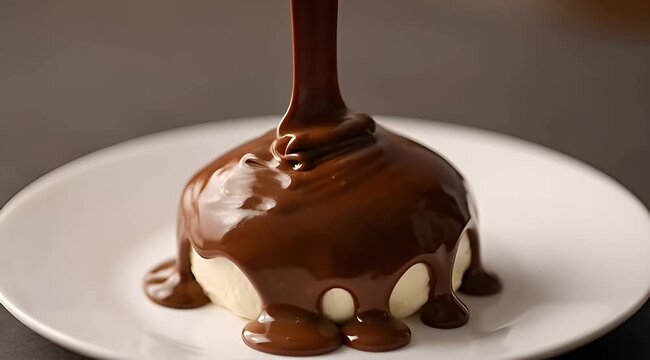 Chocolate sauce being poured over dessert on white plate
