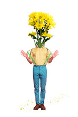 Naklejka premium Artwork photo collage sketch of plant holiday botanical season flower bouquet young man headless caricature stand model posing gentleman