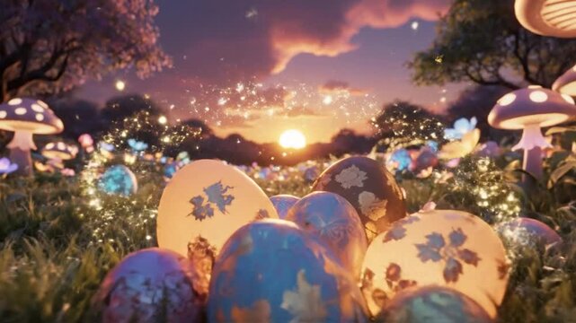 Easter eggs with flowers in a serene landscape at sunset, viewed from a low angle.